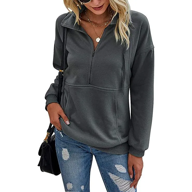 Women's Casual Long Sleeve Lapel Zipper Drawstring Loose Pullover Tops