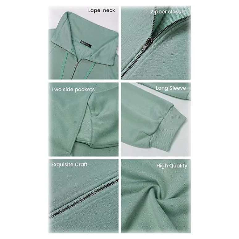 Women's Casual Long Sleeve Lapel Zipper Drawstring Loose Pullover Tops
