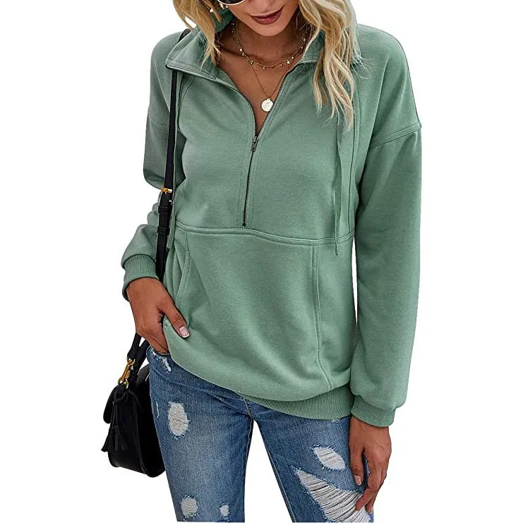 Women's Casual Long Sleeve Lapel Zipper Drawstring Loose Pullover Tops