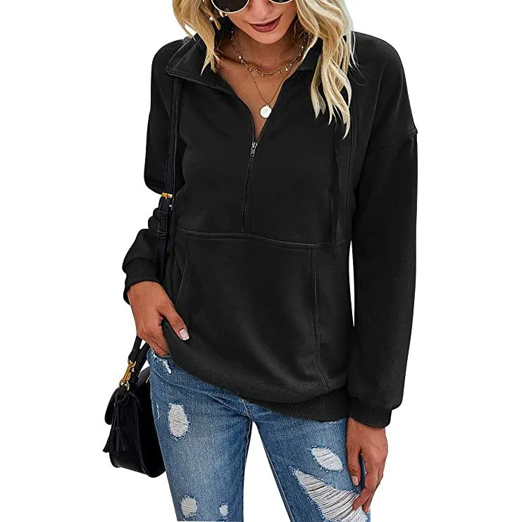 Women's Casual Long Sleeve Lapel Zipper Drawstring Loose Pullover Tops