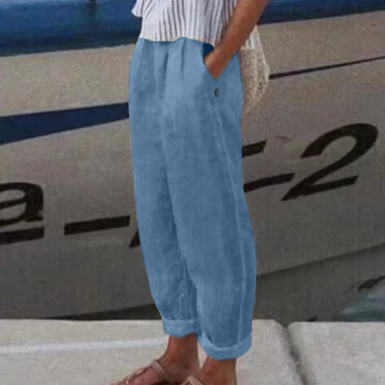 Women's Cotton Linen Pants Summer Casual Loose Wide Leg Elastic High Waist Beach Slacks Floral Printed Capri Trousers