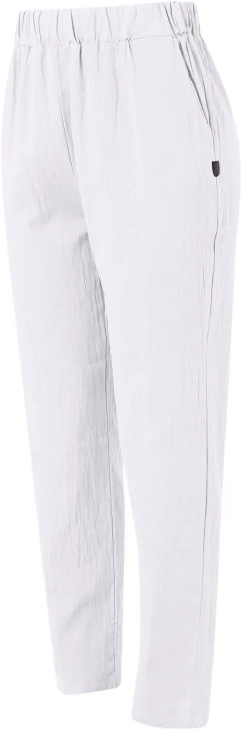 Women's Cotton Linen Pants Summer Casual Loose Wide Leg Elastic High Waist Beach Slacks Floral Printed Capri Trousers