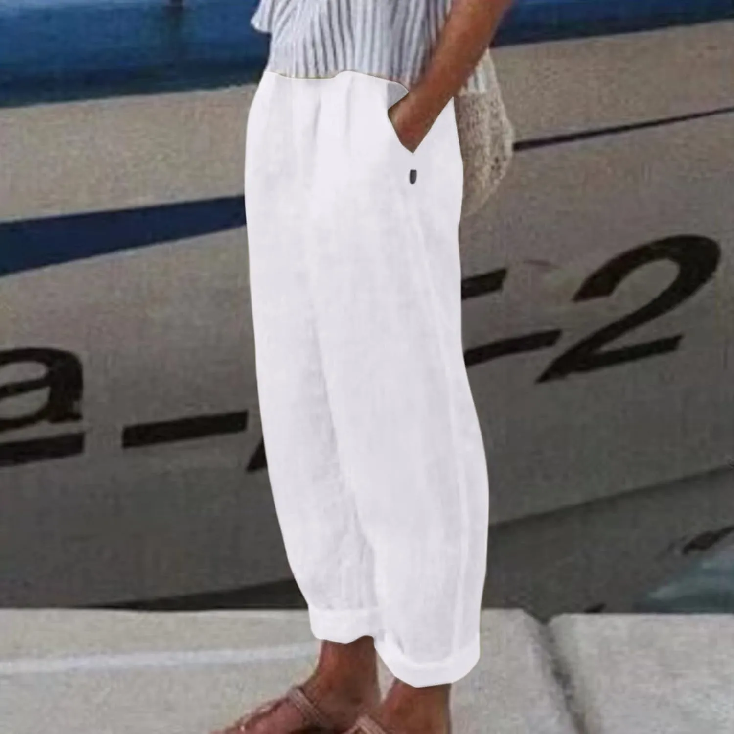 Women's Cotton Linen Pants Summer Casual Loose Wide Leg Elastic High Waist Beach Slacks Floral Printed Capri Trousers