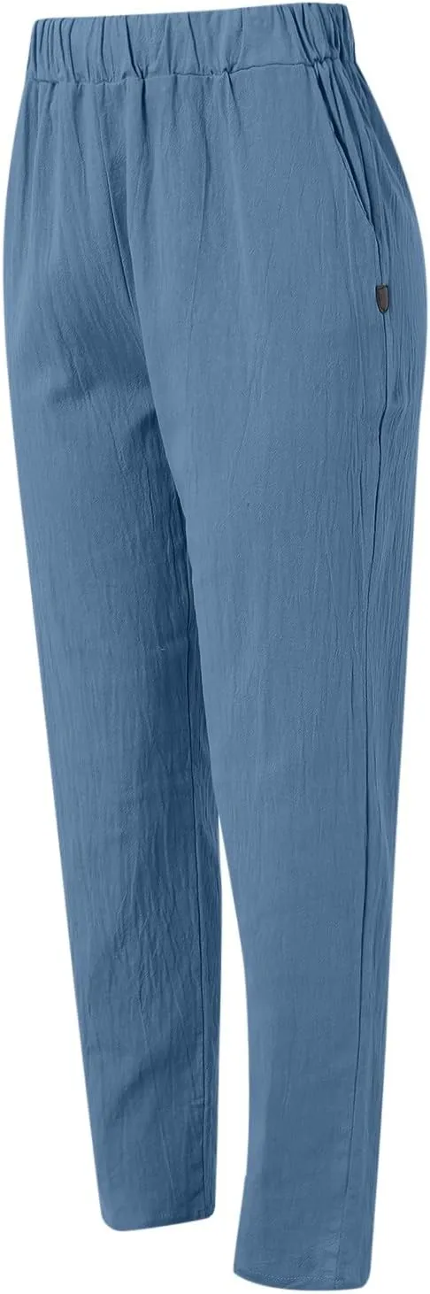 Women's Cotton Linen Pants Summer Casual Loose Wide Leg Elastic High Waist Beach Slacks Floral Printed Capri Trousers