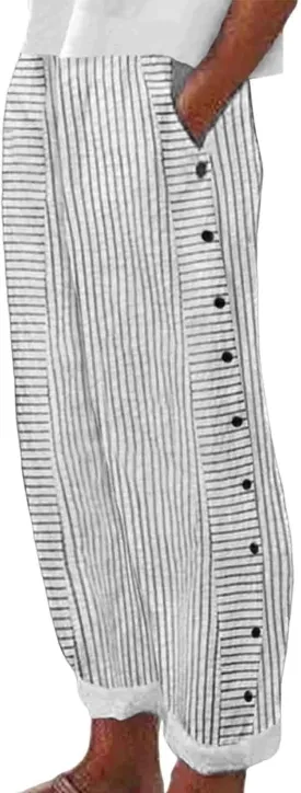 Women's Cotton Linen Pants Summer Casual Loose Wide Leg Elastic High Waist Beach Slacks Floral Printed Capri Trousers