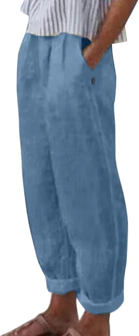 Women's Cotton Linen Pants Summer Casual Loose Wide Leg Elastic High Waist Beach Slacks Floral Printed Capri Trousers