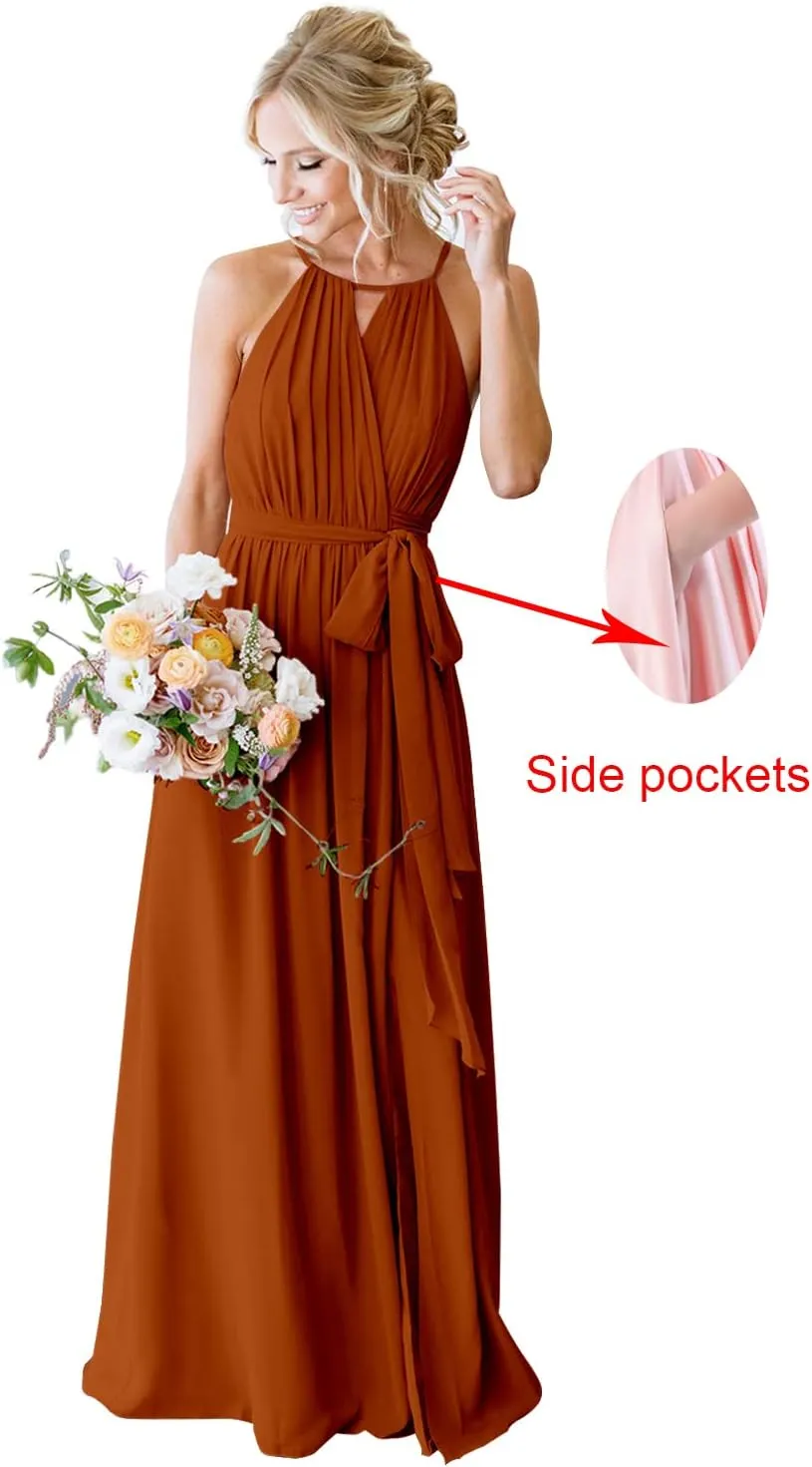 Women's Halter Pleated Chiffon Long Bridesmaid Dresses with Pockets Formal Dresses Evening Party Gown