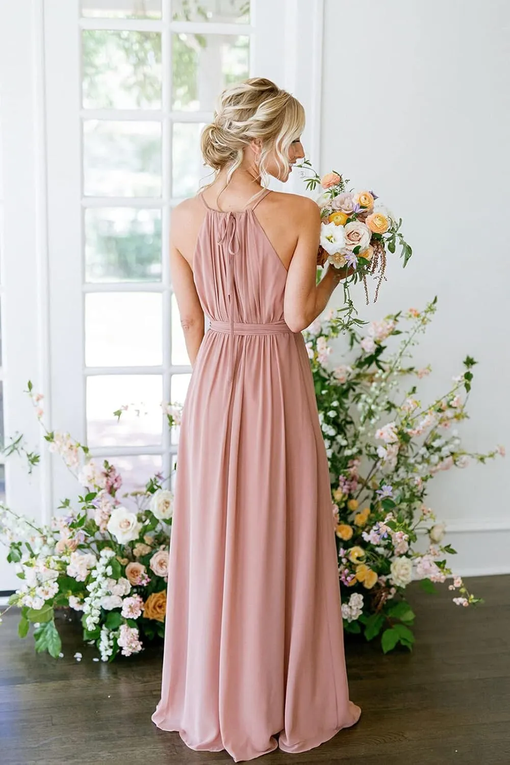 Women's Halter Pleated Chiffon Long Bridesmaid Dresses with Pockets Formal Dresses Evening Party Gown