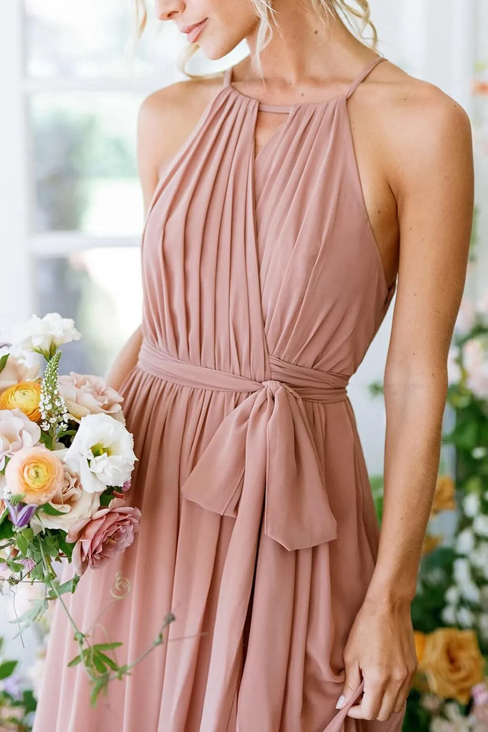 Women's Halter Pleated Chiffon Long Bridesmaid Dresses with Pockets Formal Dresses Evening Party Gown