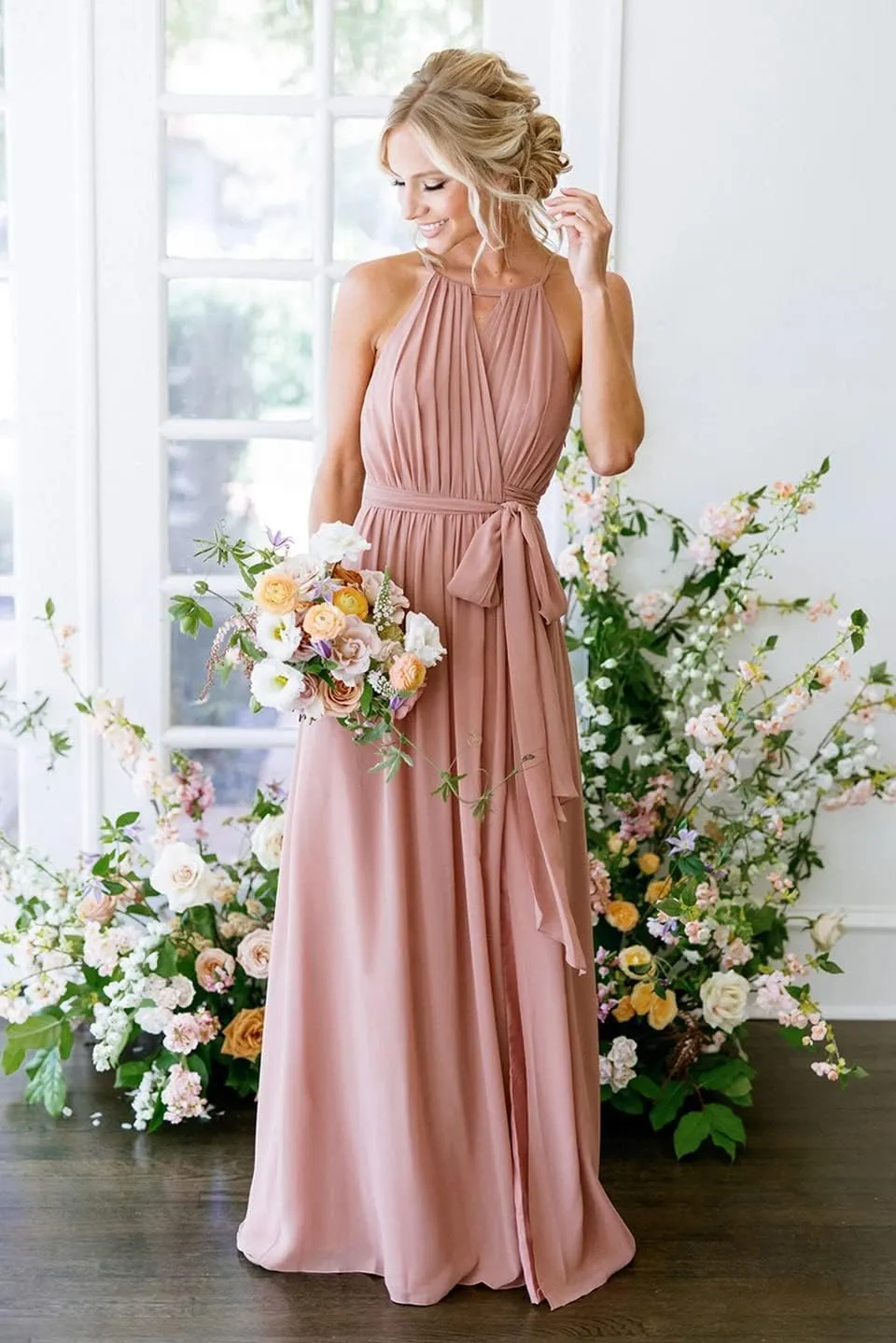 Women's Halter Pleated Chiffon Long Bridesmaid Dresses with Pockets Formal Dresses Evening Party Gown