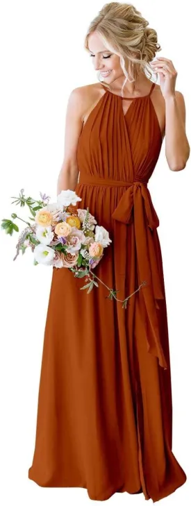 Women's Halter Pleated Chiffon Long Bridesmaid Dresses with Pockets Formal Dresses Evening Party Gown