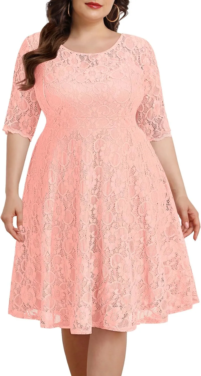 Women's Plus Size Wedding Guest Bridal Shower Semi Formal Cocktail Party Lace V Neck Midi Dress