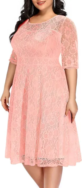 Women's Plus Size Wedding Guest Bridal Shower Semi Formal Cocktail Party Lace V Neck Midi Dress