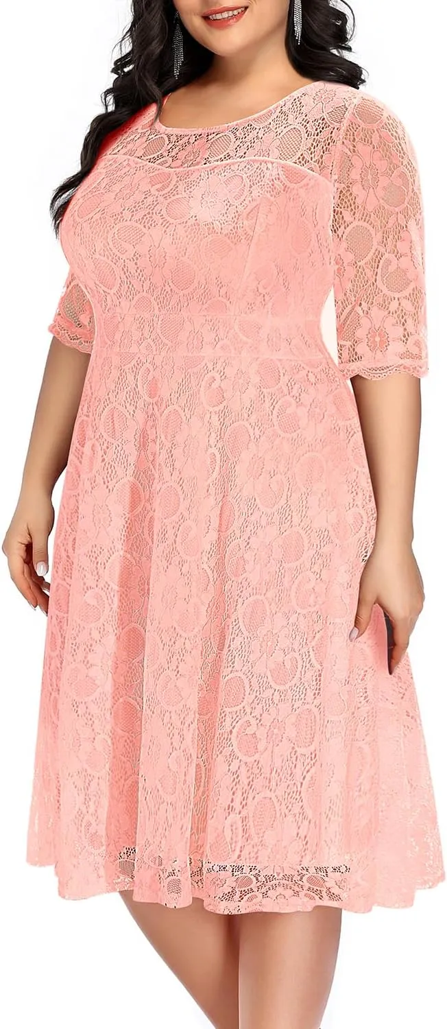 Women's Plus Size Wedding Guest Bridal Shower Semi Formal Cocktail Party Lace V Neck Midi Dress