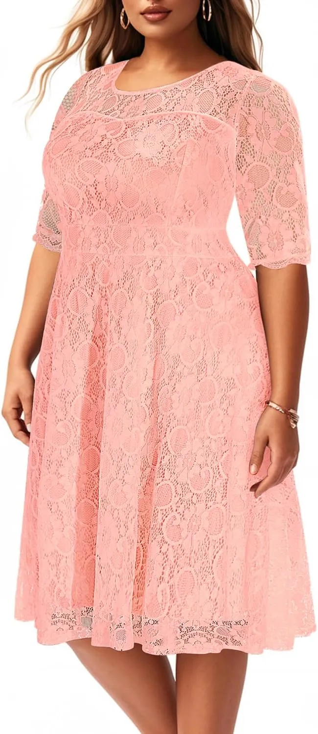 Women's Plus Size Wedding Guest Bridal Shower Semi Formal Cocktail Party Lace V Neck Midi Dress