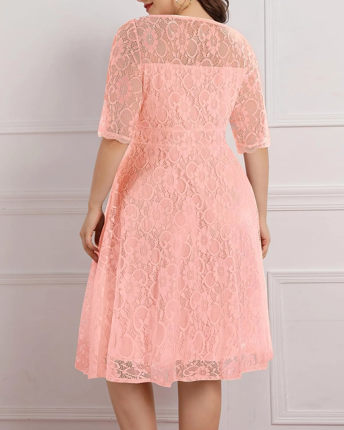 Women's Plus Size Wedding Guest Bridal Shower Semi Formal Cocktail Party Lace V Neck Midi Dress