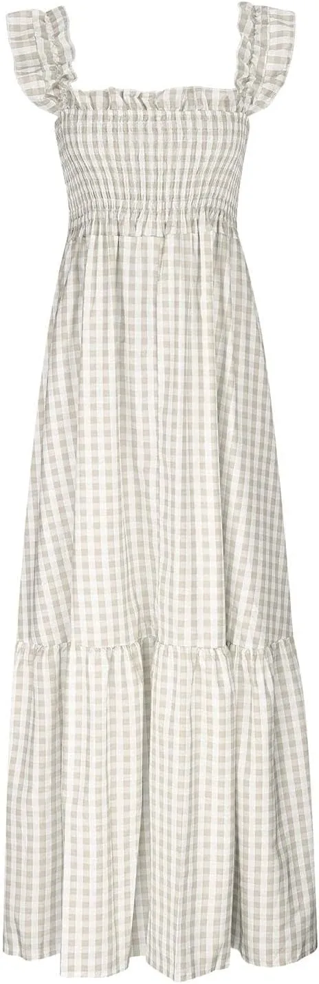 Women's Sleeveless Dress Retro Plaid A-Line Smocked Maxi Long Dress Square Neck Ruffle Flowy A-Line Beach Sundress