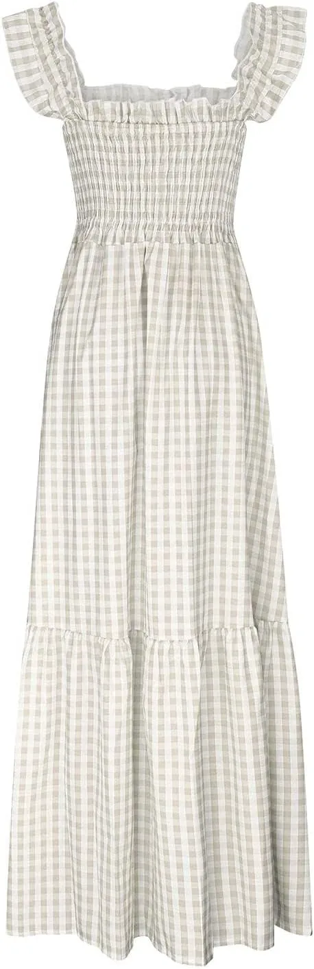Women's Sleeveless Dress Retro Plaid A-Line Smocked Maxi Long Dress Square Neck Ruffle Flowy A-Line Beach Sundress