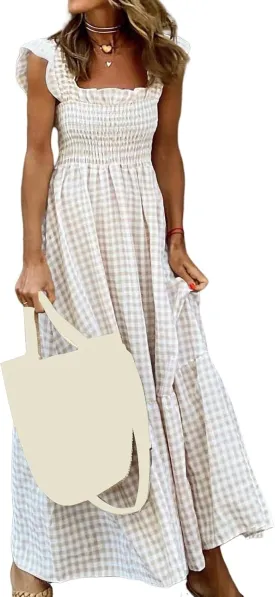Women's Sleeveless Dress Retro Plaid A-Line Smocked Maxi Long Dress Square Neck Ruffle Flowy A-Line Beach Sundress