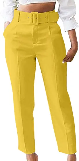 Womens Suit Pants Casual Stretch Loose Fit Straight Belted Waisted Business Suit Pants Fashion Work Office Trousers