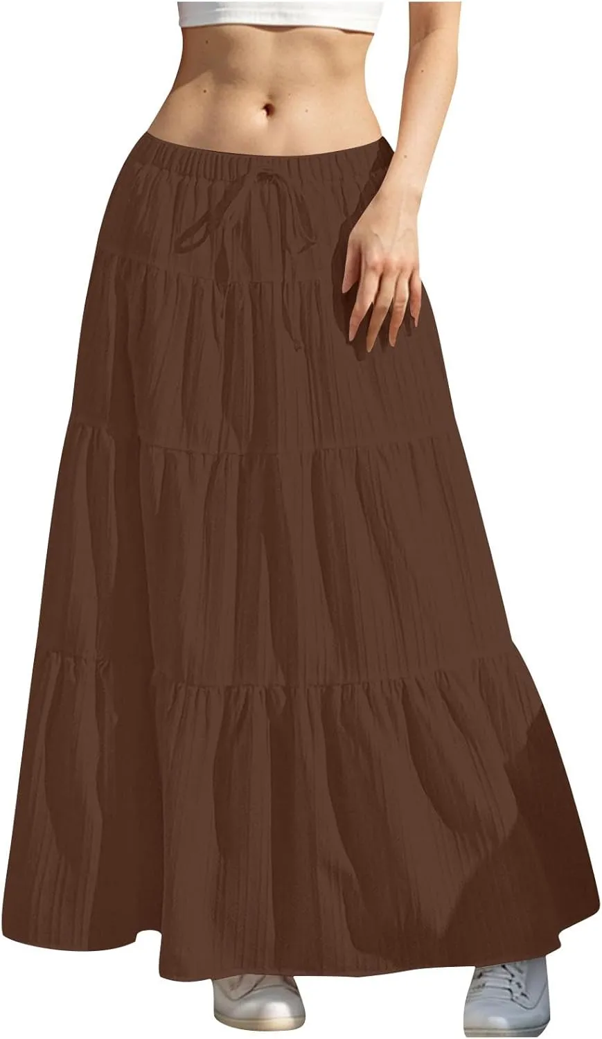 Women's Summer Boho Maxi Skirt Tiered Ruffle A-Line 2025 Fashion Elastic High Waist Skirts Pleated Swing Beachwear